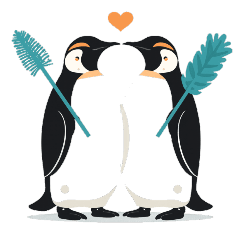 Pierce and Pearl, the PenguinPro Cleaning mascot pair — a husband-and-wife house cleaning service in Savannah, GA